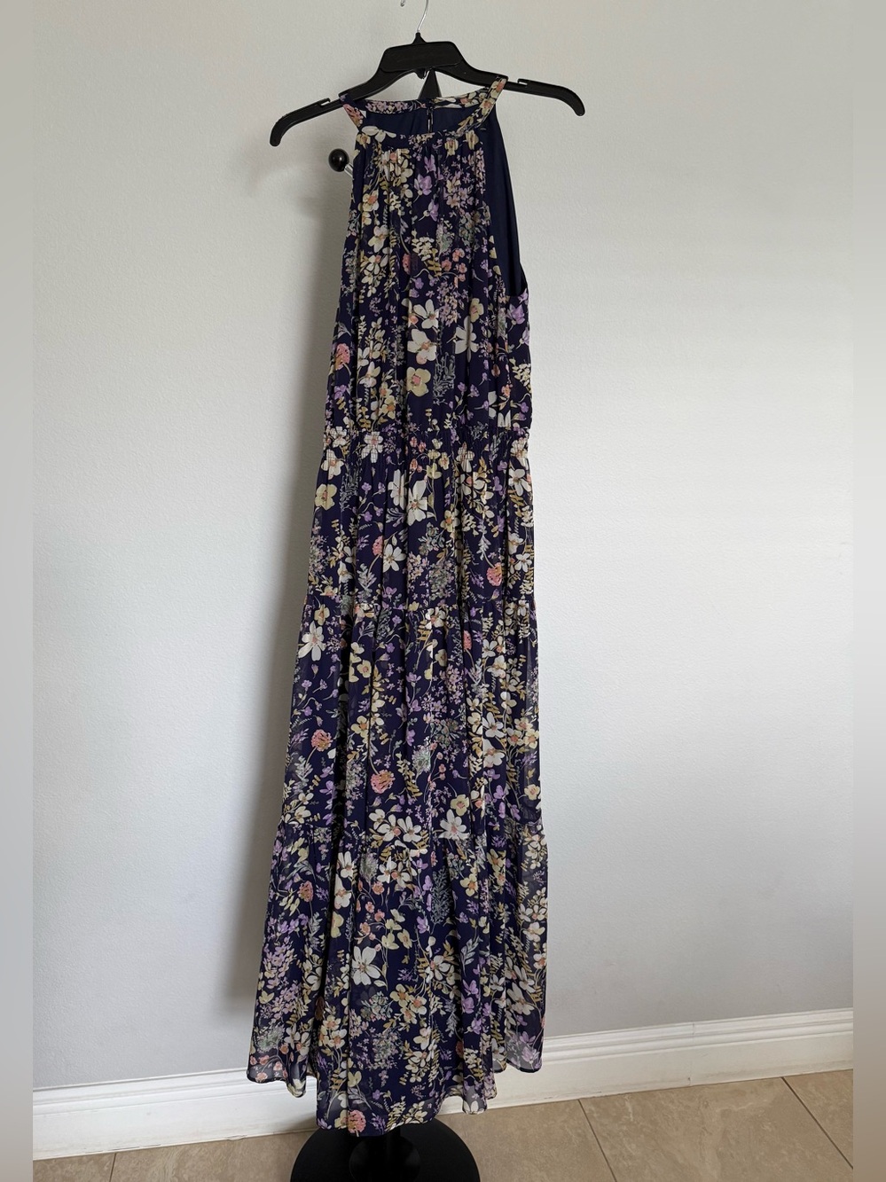 R&K Navy Floral Halter Tiered Maxi Dress